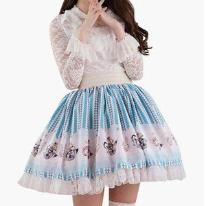 Hugme Blue Polyester Lace Alice Rabbit Printed Lolita Skirt